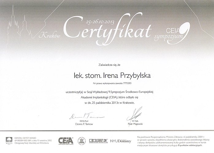 Certyfikaty dr Ireny Przybylskiej - 2013