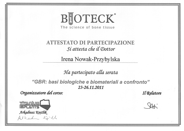 Certyfikaty dr Ireny Przybylskiej - 2011