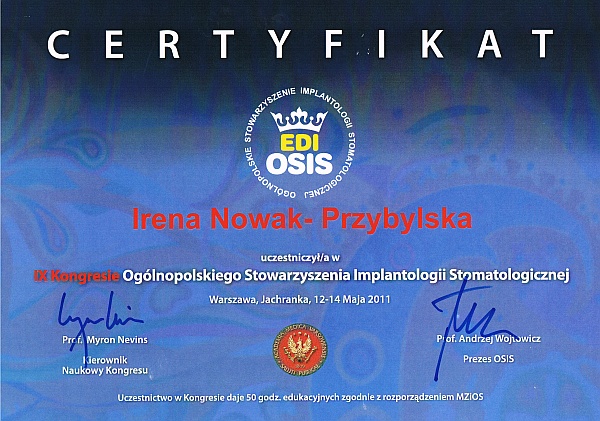 Certyfikaty dr Ireny Przybylskiej - 2011