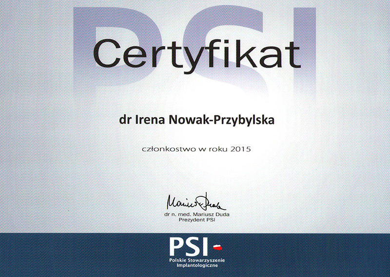 Certyfikaty dr Ireny Przybylskiej - 2015