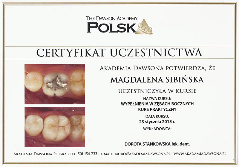Certyfikaty dr Magdaleny Sibińskiej - 2015
