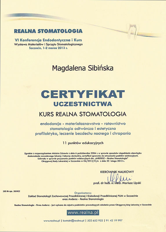 Certyfikaty dr Magdaleny Sibińskiej - 2013