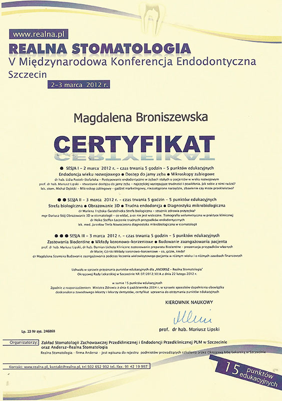 Certyfikaty dr Magdaleny Sibińskiej - 2012