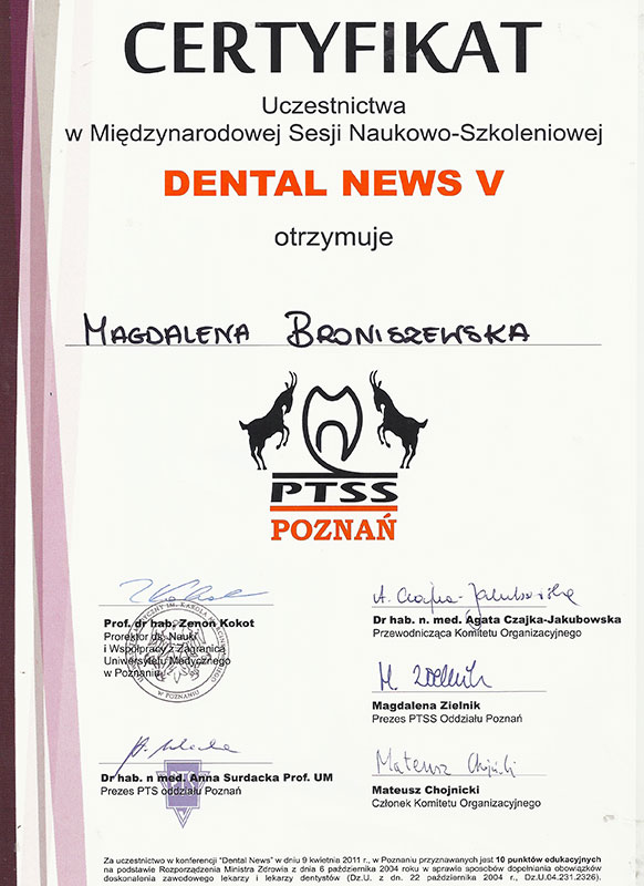 Certyfikaty dr Magdaleny Sibińskiej - 2011