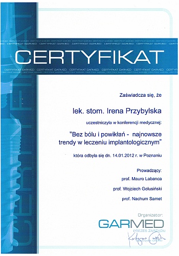 Certyfikaty dr Ireny Przybylskiej - 2012