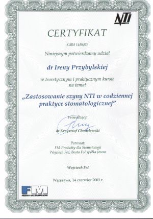 Certyfikaty dr Ireny Przybylskiej - 2003