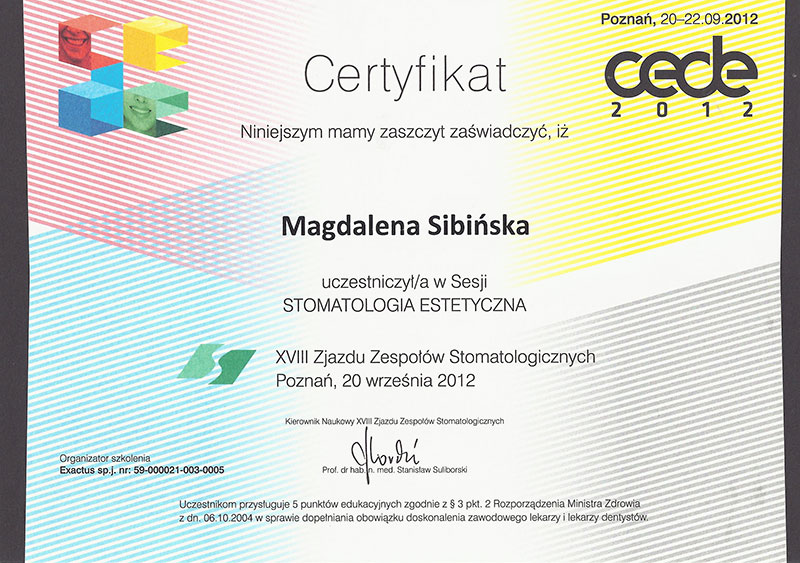 Certyfikaty dr Magdaleny Sibińskiej - 2012