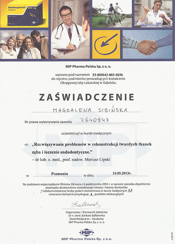 Certyfikaty dr Magdaleny Sibińskiej - 2013