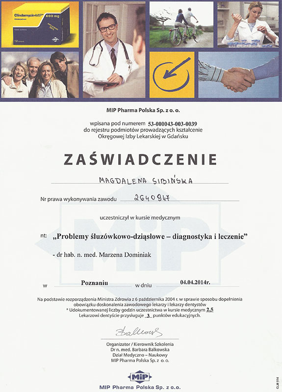 Certyfikaty dr Magdaleny Sibińskiej - 2014