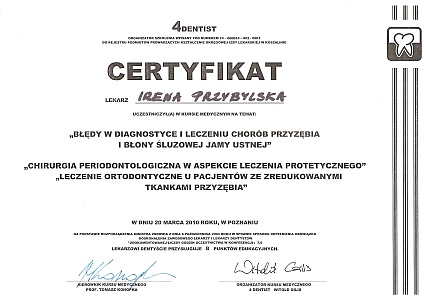 Certyfikaty dr Ireny Przybylskiej - 2010