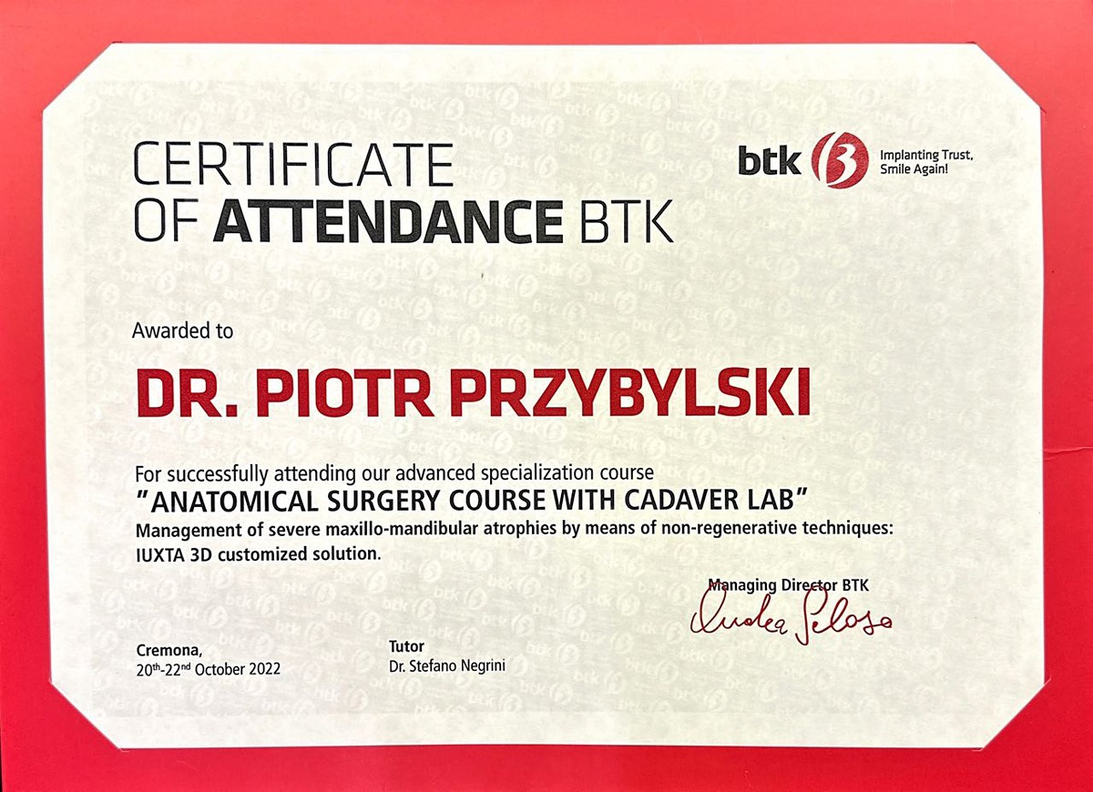Certyfikat BTK Italy dr Piotr Przybylski