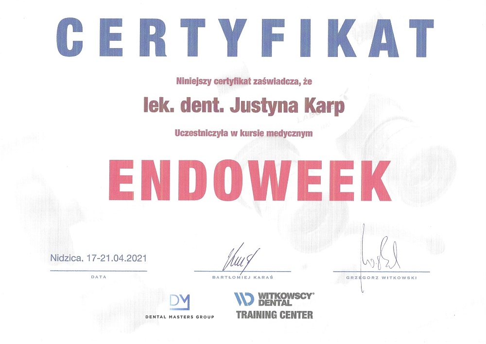 Certyfikat Endoweek dr Justyna Karp-Przybylska Dentystka z pasja - 2021-04-17