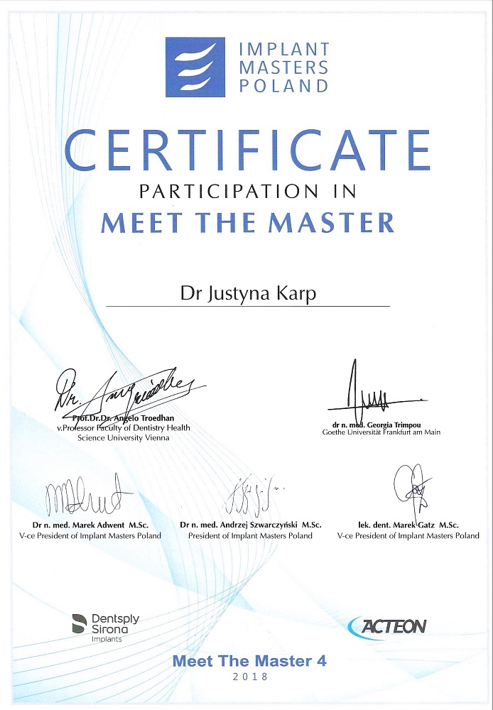 Certyfikat Implant Masters dr Justyna Karp-Przybylska Dentystka z pasja - 2018-12-14