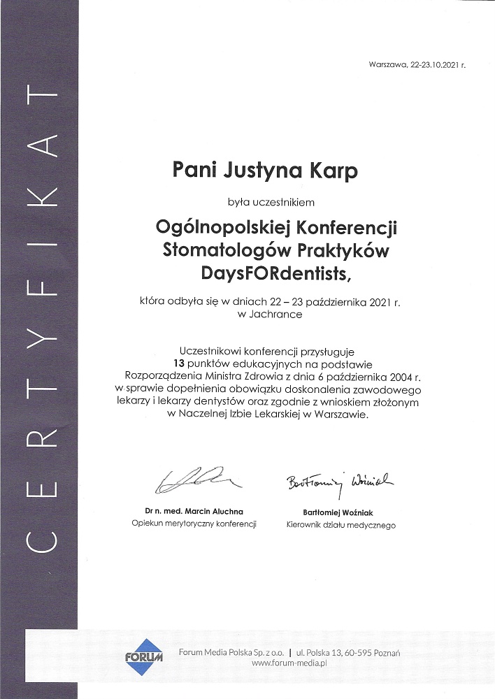 Certyfikat Konferencja protetyków dr Justyna Karp-Przybylska Dentystka z pasja - 2021-10-22