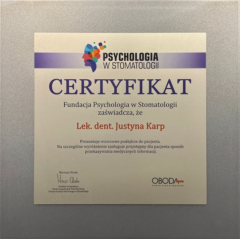 Certyfikat Oboda dr Justyna Karp-Przybylska Dentystka z pasja