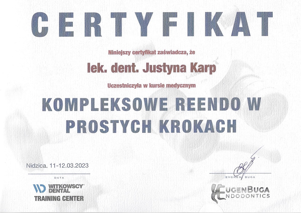 Certyfikat Reendo kurs dr Justyna Karp-Przybylska Dentystka z pasja - 2023-03-11