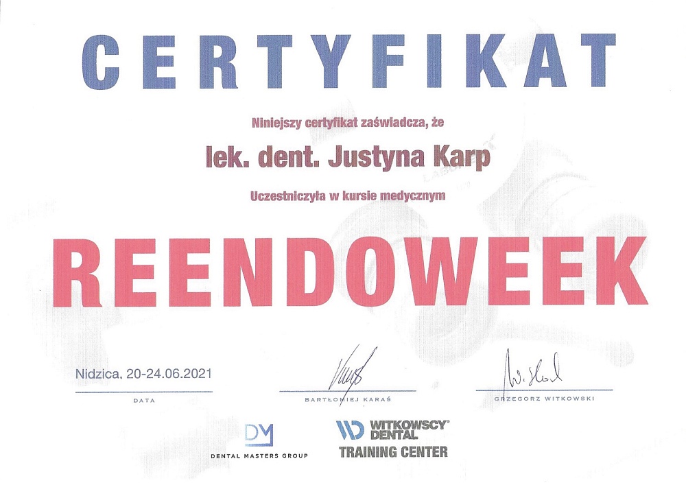 Certyfikat Reendoweek dr Justyna Karp-Przybylska Dentystka z pasja - 2021-06-20