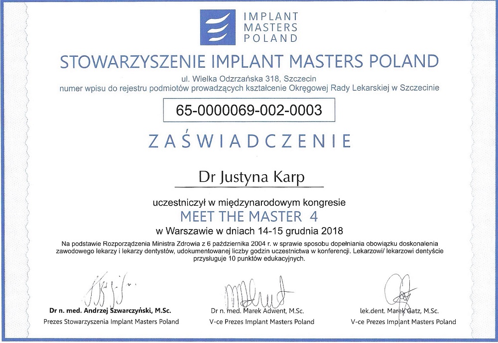 Zaświadczenie Implant Masters dr Justyna Karp-Przybylska Dentystka z pasja - 2018-12-14