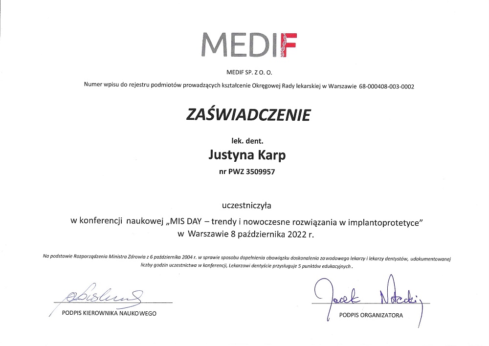 Zaświadczenie konferencja Mis Day dr Justyna Karp-Przybylska Dentystka z pasja - 2022-11-08